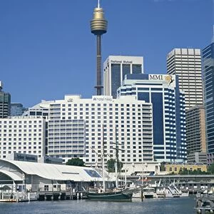 Waterfront and dockside city skyline including the AMP Tower, Sydney, New South Wales