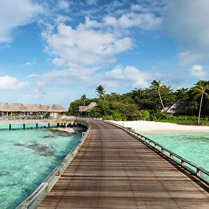 A wooden jetty in a luxury resort, Baa Atoll, Maldives, Indian Ocean, Asia