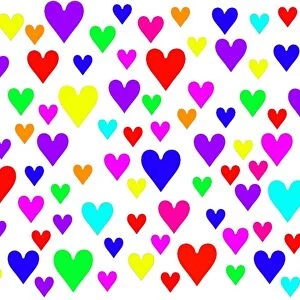 Multi-coloured love heart mug covered in rainbow hearts