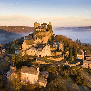 An aerial view of the hilltop village of Turenne at sunrise, Correze, Limousin