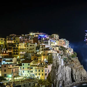 Europe, Italy, Liguria. Fireworks in Manarola for San Lorenzo