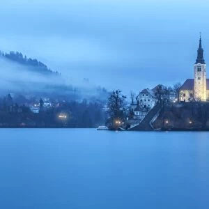 Europe, Slovenia, Upper Carniola. The lake of Bled with the Assumption of Mary Pilgrimage