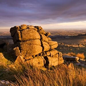 Golden sunshine glows against the granite outcrops at Belstone Tor, Dartmoor National Park