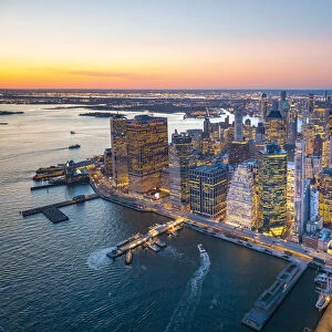 Lower Manhattan, New York City, USA. Aerial view of the Financial District at dusk
