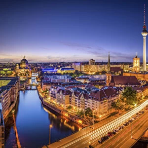 View of the Spree, Nikolaiviertel and Television Tower at the evening, Berlin, Germany