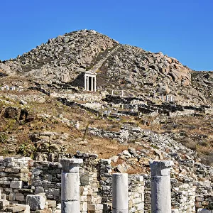 View towards the Temple of Isis and Mount Kynthos, Delos Archaeological Site, Delos Island, Cyclades, Greece