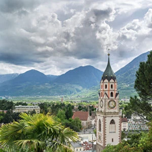 City of Meran (Merano) with church. Europe, Central Europe, Italy, South Tyrol, April
