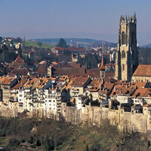 Europe, Switzerland, Fribourg. Cathedral St. Nicholas and city wall