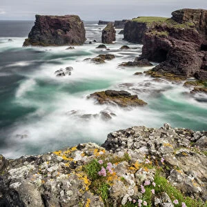 Landscape on the Eshaness peninsula. The famous cliffs and sea stacks of Eshness