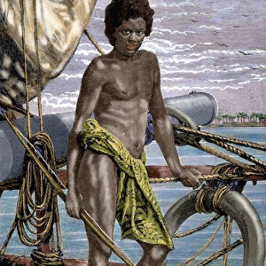 Oceania. Micronesia. Koror native (Palau Island) aboard an European ship. Colored engraving