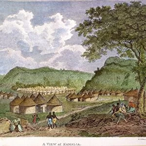 AFRICA: KAMALIA, 1799. A View of Kamalia: engraved plate from Mungo Parks Travels in the Interior of Africa, London, 1799