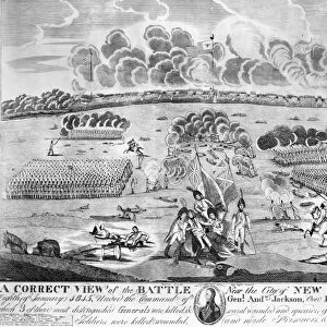 BATTLE OF NEW ORLEANS. A correct view of the battle near the city of New Orleans, during the War of 1812, 8 January 1815, showing the slain British commander, Major General Sir Edward Pakenham, in the center foreground. Line engraving and aquatint, 1815-1820, by Francisco Scacki