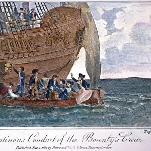 BOUNTY MUTINY. Captain William Bligh with 18 loyal men cast adrift by the mutinous crew aboard the HMS Bounty led by Fletcher Christian: line engraving, 1812