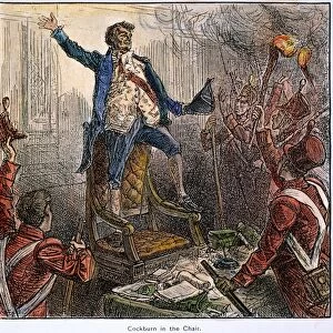 BURNING OF WASHINGTON. British Admiral Sir George Cockburn (1772-1853) in the chair of the Speaker of the U. S. House of Representatives during the burning of Washington D. C. on 24 August 1814: wood engraving, 19th century