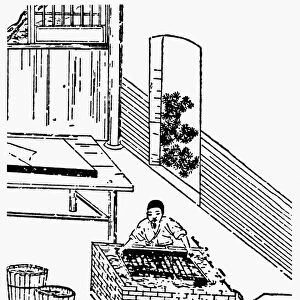 CHINESE PAPERMAKER, 1643. Dipping a bamboo frame into pulp, which is then spread
