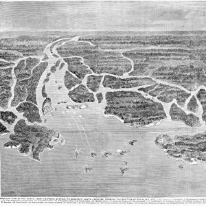 CIVIL WAR: NAVAL FLEET. Birds-eye view of the coast, from Savannah, Georgia, to Beaufort