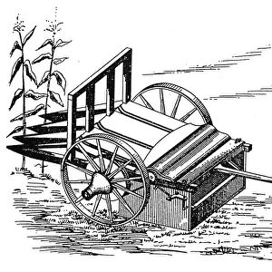 CORN HARVESTER, 1850. Mechanical corn harvester (also ear husker and sheller), 1850. Contemporary American line engraving