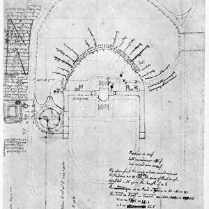 Drawing by Thomas Jefferson of the house and gardens at Monticello, c1772, with additions made c1808