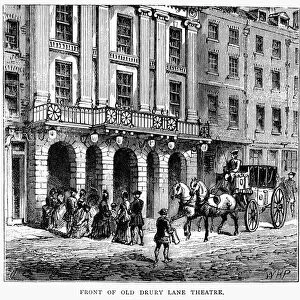 DRURY LANE THEATRE. The front of Old Drury Lane Theatre, London, England, in the 18th century. Wood engraving, English, c1875