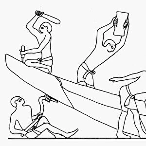 EGYPTIAN BOAT. Building a wooden boat. Drawing from a tomb painting, c2500 B. C