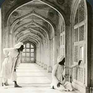 INDIA: AKBARs TOMB, c1907. In the beautiful white marble cloisters of Akbars Tomb, Agra, India