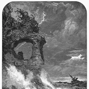 LAKE SUPERIOR: CHAPEL ROCK. A ship sinking in a storm on Lake Superior at Chapel Rock on Michigans Upper Pensinsula. Wood engraving, late 19th century, after Thomas Moran (1837-1926)