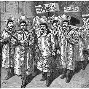 LOCKWOOD CAMPAIGN, 1884. An amused crowd of onlookers at Rahway, New Jersey, watches a parade of men dressed in Mother Hubbards and striped stockings, an attempt to ridicule the 1884 presidential campaign of Belva Lockwood on the Equal Rights ticket. Contemporary wood engraving