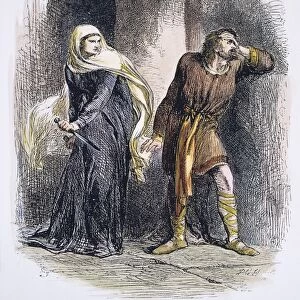 MACBETH, 1881. Lady Macbeth seizes the dagger from Macbeth after he has just killed Duncan in Act II, Scene 1 of William Shakespeares Macbeth. Wood engraving