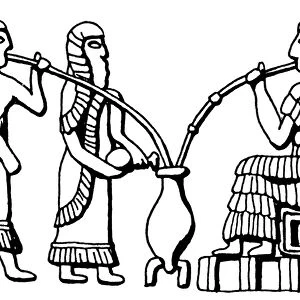MESOPOTAMIA: DRINKING BEER. Men drinking beer through straws. After a Mesopotamian cylinder seal