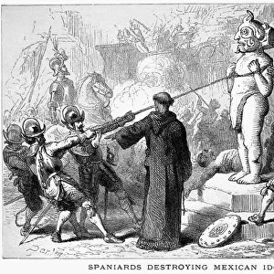MEXICO: SPANISH CONQUEST. A Spanish priest overseeing the destruction by Conquistadors of an Aztec idol. Line engraving after an illustration by Felix O. C. Darley, 19th century