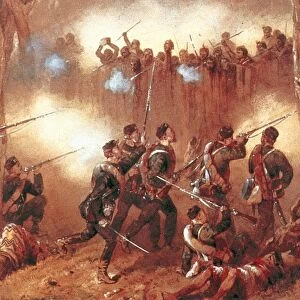 NEW ZEALAND WARS, 1863. Battle between British forces and Maori warriors in New Zealand, 1863