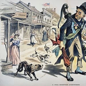 PROHIBITION CARTOON, 1889. A Cold Reception Everywhere. American cartoon, 1889, by Joseph Keppler showing Old Man Prohibition receiving a poor welcome from those states without dry laws at the time