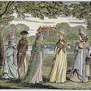 SENSE & SENSIBILITY, 1811. The major characters of Jane Austens Sense and Sensibility (1811) stroll in Barton Park, Devonshire. 20th century wood engraving