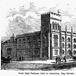 SOCIETIES: ODD FELLOWS. The Odd Fellows Hall on Gay Street, Baltimore, the first American of the fraternal organization, built 1831. Line engraving, 19th century