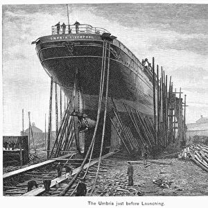 STEAMSHIP IN YARD, 1884. Cunard Steamship Companys single screw steamship Umbria in the shipyard at Glasgow before launching in 1884. Contemporary wood engraving