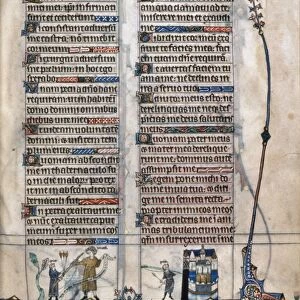 TICKHILL PSALTER, c1310. A manuscript page illuminated with scenes from the life of King David