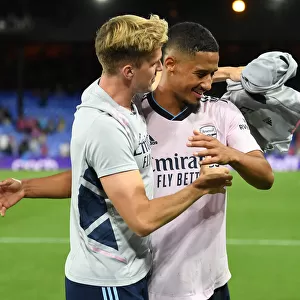 Celebrating Victory: Holding and Saliba's Emotional Moment after Crystal Palace vs. Arsenal (2022-23)