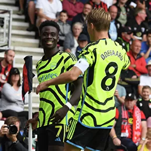 Saka and Odegaard Celebrate Arsenal's First Goal Against AFC Bournemouth (2023-24)