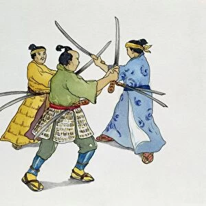 Asia, Japan, Drawing depicting three Samurai