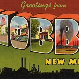 Greeting Card from Hobbs, New Mexico. ca. 1941, Hobbs, New Mexico, USA, HOBBS-Gateway to the land of opportunity, is located in the S. E. corner of New Mexico, on the East-West Highway and is a short drive from the famous Carlsbad Caverns. Within a 100 mile radius of Hobbs lies the largest oil producing territory in the world - more than all other fields in the U. S. put together. Abundant water is easily obtained and the land is very fertile and cheap. Payrolls from Oil Industry alone are over $3, 500, 000. 00 annually, while sheep and cattle raising is also carried on to a vast extent