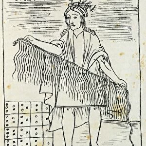 Inca man holding quipu, device made of strings and knots used to count and record numeric information, engraving from Felipe Guaman Poma de Ayala (1550-after 1615), Nueva Cronica y Buen Gobierno, 1587