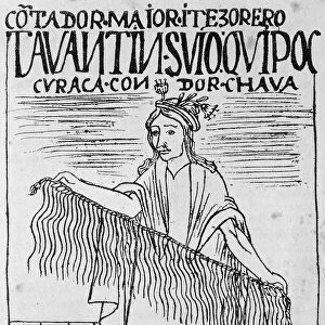 Inca man holding a quipu, a device made of strings and knots used to count and record numeric information by Felipe Guaman Poma de Ayala (1550-after 1615) from Nueva Cronica y Buen Gobierno, Engraving, 1587