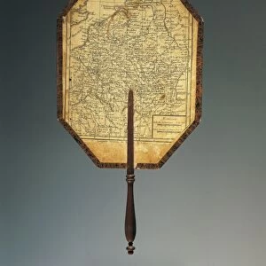 Map of Northeastern France, gouache-painted cardboard fan with watercolored print and shaped wood handle, 1780-90