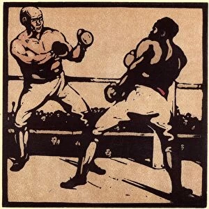 November - Boxing. Two gloved boxers confronting each other in the ring. Coloured