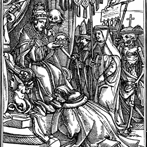 The Pope visited by Death. From Hans Holbein the Younger Les Simulachres de la Mort (Dance of Death