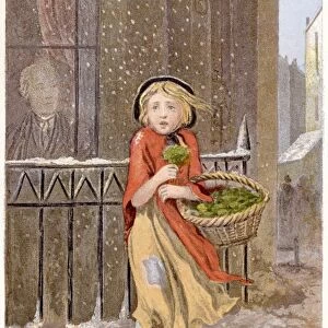 Young girl in rags and wearing a shawl, selling watercress on street in a corner in a snowstorm