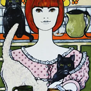 Cat Lady with Cats in a Retro Ktchen Painting