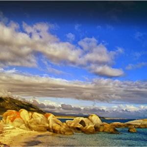 Coastline near Sawyers bay in an area called Lillies beach, which has beautiful lichen coloured boulders, Flinders Island, Bass Strait, Tasmania