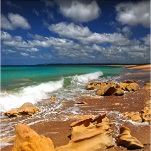 Frasers beach and rocky coastline on the Eastern side of King Island, Bass Strait, Tasmania