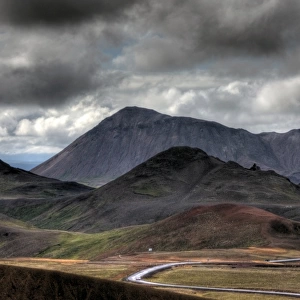 Myvatn picturesque mountain peaks and zigzag road